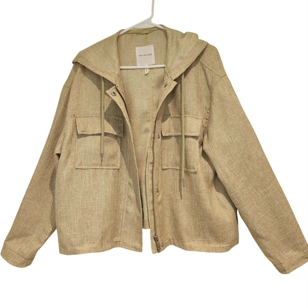 Avec Les Filles XL Linen-Look Boxy Light Green Hooded Utility Jacket - Picture 3 of 11